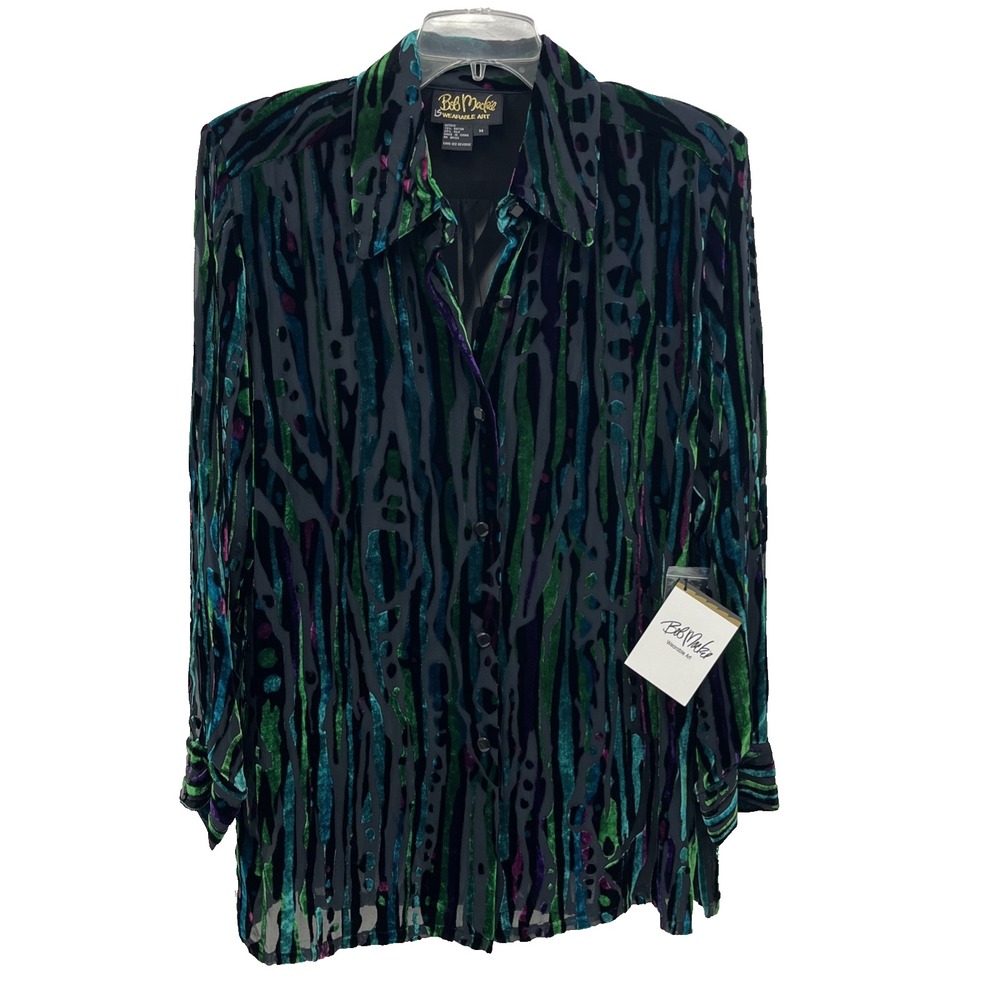 NWT Bob Mackie Wearable Art Velvet Burnout Button-Up Shirt Size M Teal Green VTG